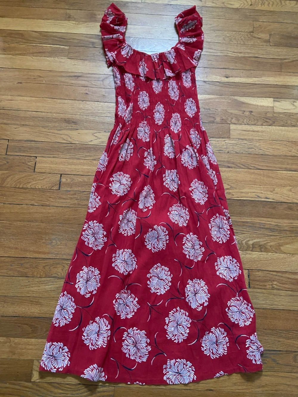 THE GREAT. Red Floral Ruffle Maxi/Midi Dress